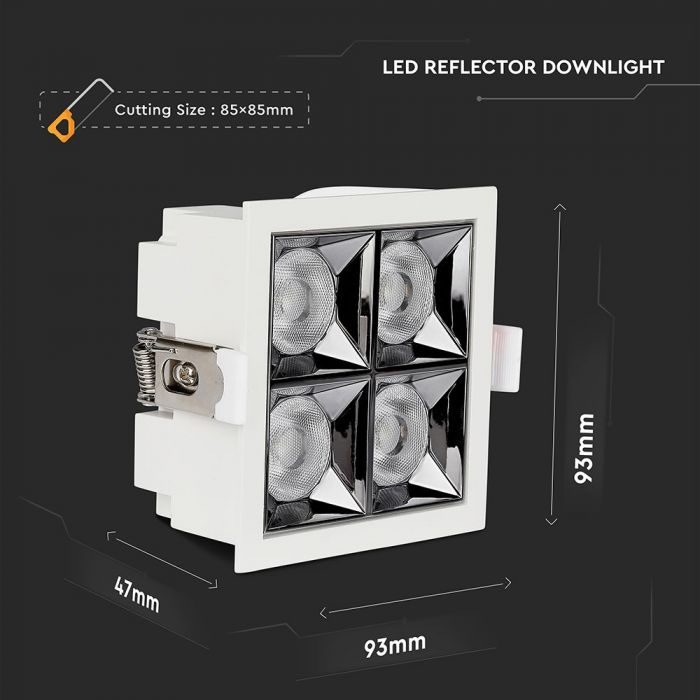 16W(1280Lm) LED встраиваемый светильник с отражателем квадратный, регулируемый угол 12°, V-TAC SAMSUNG, IP20, гарантия 5 лет, нейтральный белый 4000K