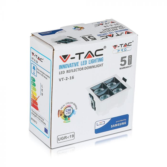 16W(1280Lm) LED встраиваемый светильник с отражателем квадратный, регулируемый угол 12°, V-TAC SAMSUNG, IP20, гарантия 5 лет, теплый белый свет 2700K