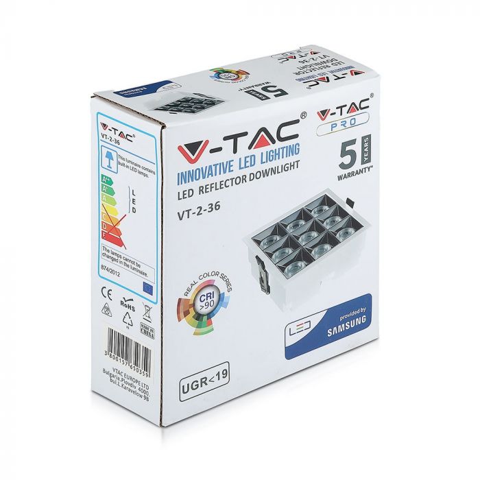 36W(2800Lm) LED infälld reflektorarmatur fyrkantig, justerbar vinkel 12°, V-TAC SAMSUNG, IP20, 5 års garanti, kallvit 5700K