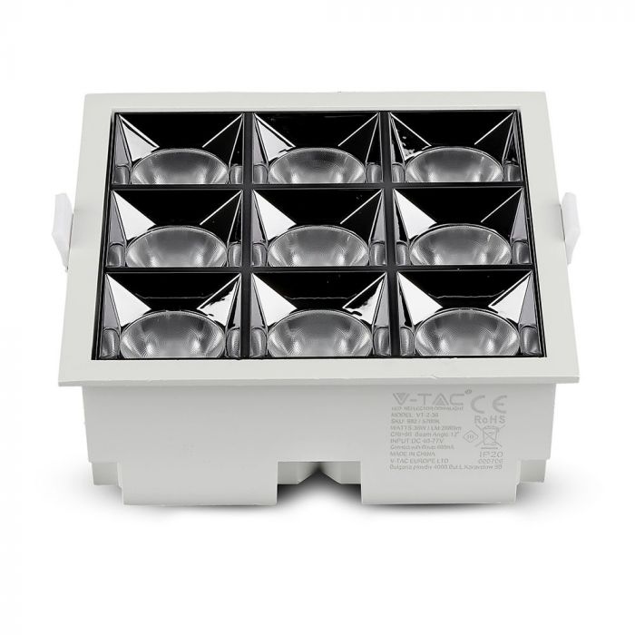 36W(2800Lm) LED iebūvējams reflektora tipa kvadrāta formas gaismeklis, regulējams leņķis 12°, V-TAC SAMSUNG, IP20, garantija 5 gadi, silti balta gaisma 2700K