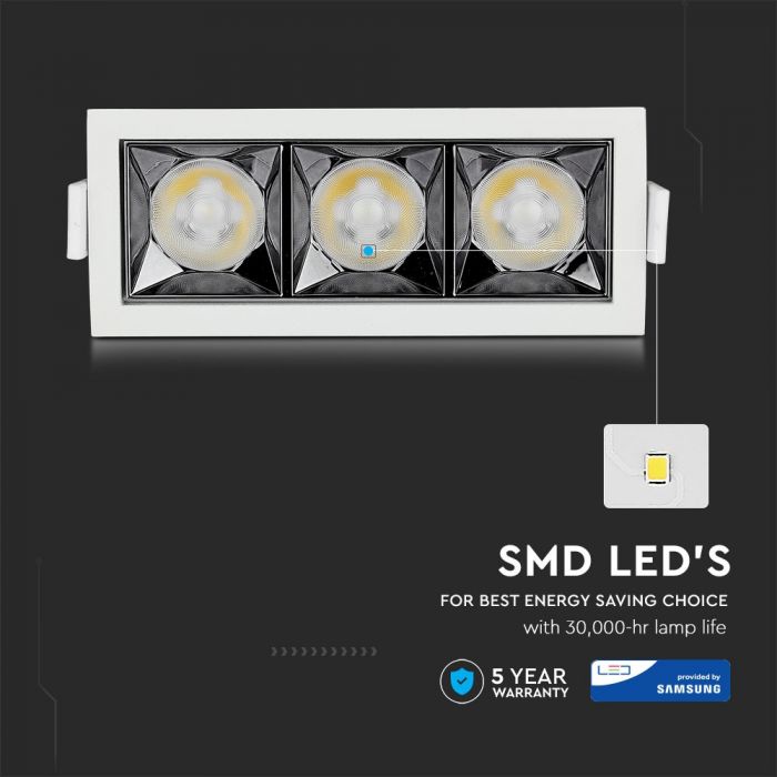 12W (960Lm) LED süvistatav reflektorvalgusti ruudukujuline, reguleeritav nurk 36°, V-TAC SAMSUNG, IP20, 5 aasta garantii, neutraalne valge 4000K