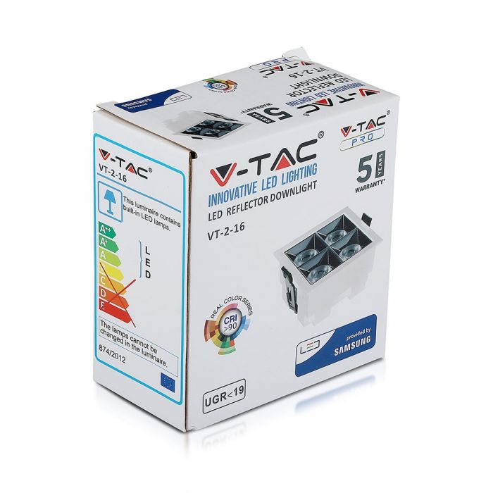 16W (1280Lm) LED sisseehitatud helkurvalgusti ruudukujuline, reguleeritava nurga all 36°, V-TAC SAMSUNG, IP20, 5 aastat garantiid, jaheda valge valgus 5700K