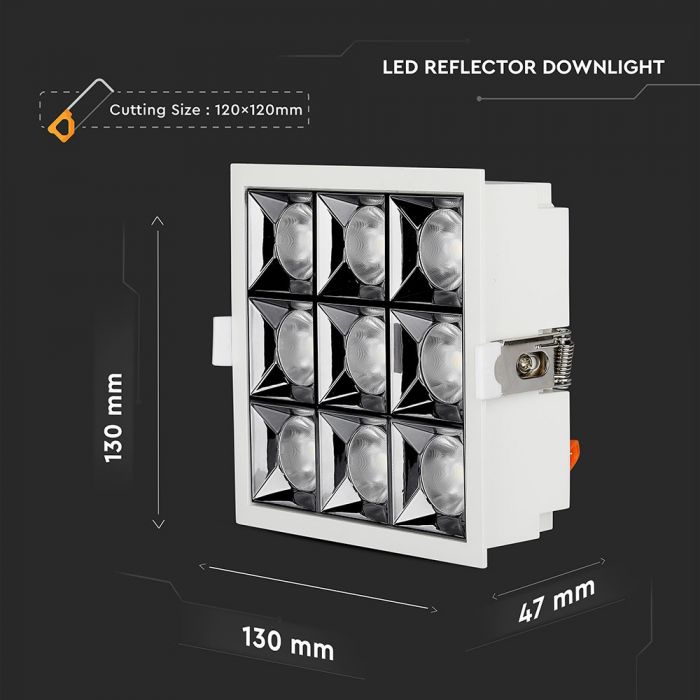 36W(2800Lm) LED встраиваемый светильник с отражателем квадратный, регулируемый угол 36°, V-TAC SAMSUNG, IP20, 5 лет гарантии, теплый белый свет 2700K