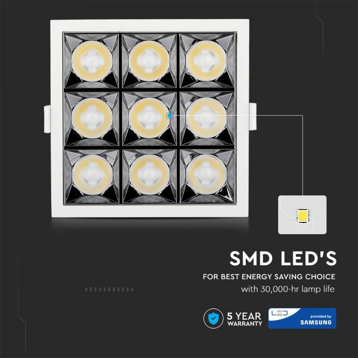 36W(2800Lm) LED iebūvējams reflektora tipa kvadrāta formas gaismeklis, regulējams leņķis 36°, V-TAC SAMSUNG, IP20, garantija 5 gadi, silti balta gaisma 2700K