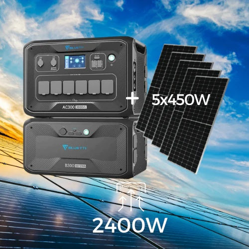 Set BLUETTI Modular Charging Station with 5x450W Solar Panels. 3000WAC300 with B300 Battery 3072Wh. Up to 4 B300 batteries can be connected. Solar energy input 2400W. 4 Year Warranty. Pick up in store.