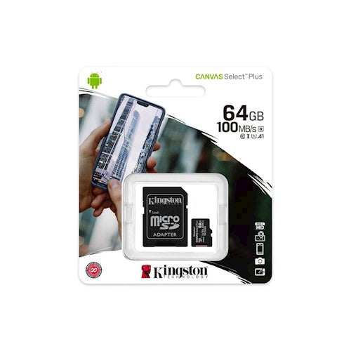 Kingston atmiņas karte microSDXC Canvas Select Plus (64 GB | 10. klase | UHS-I | 100 MB / s) + adapteris