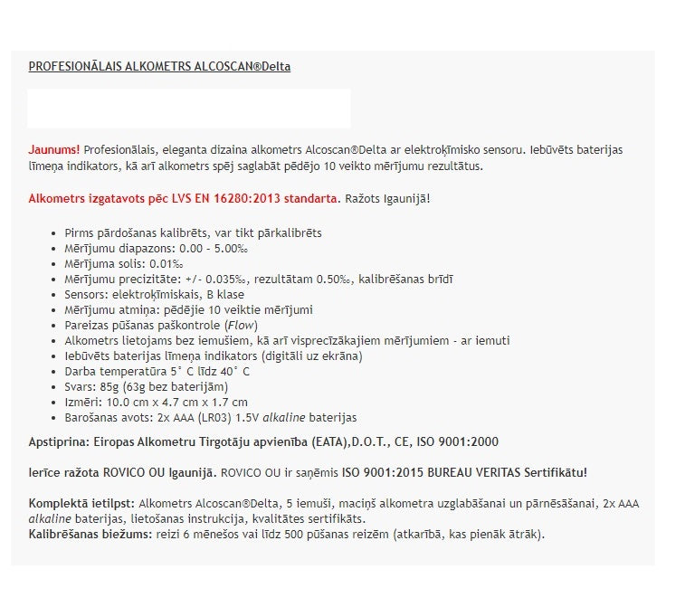 PROFESIONĀLAIS ALKOMETRS ar elektroķīmisko sensoru ALCOSCAN®️Delta,mērījumu diapozons 0.00 – 5.00‰ ,sertificēts un nokalibrēts(sertifikāti ISO9001,ISO17020),ražots EU,baterijas līmeņa indikators