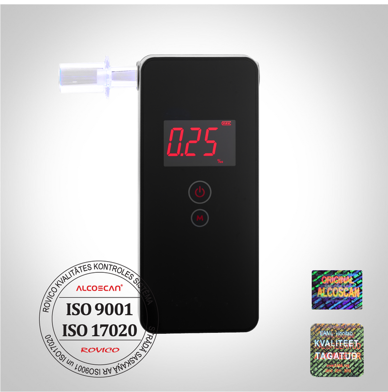 PROFESSIONAL ALCOMETER with electrochemical sensor ALCOSCAN®️Delta, measurement range 0.00 - 5.00‰, certified and calibrated (certificates ISO9001, ISO17020), manufactured in EU, battery level indicator