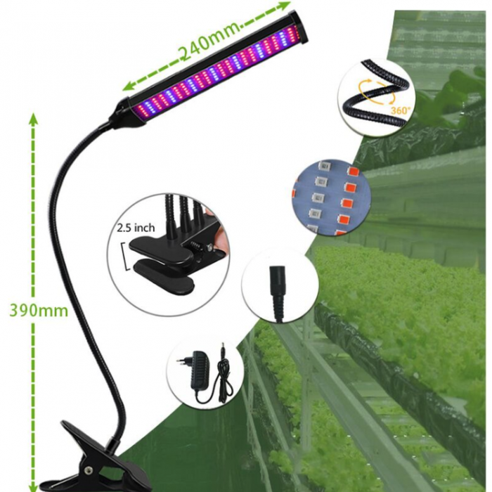 20W Augu audzēšanas galda lampa ar klipsi, 1 gaismekli, taimeri un dimmeri, IP20, 30 zilas un 75 sarkanas diodes