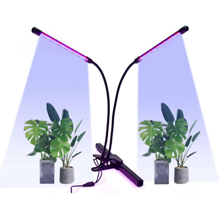 12W Plant growing table lamp with clip, 2 lights, timer and dimmer, IP20, 14 blue and 26 red diodes