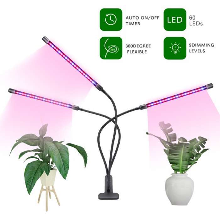 Настольная лампа для выращивания растений 18 Вт с зажимом, 3 светильника, таймер и диммер, IP20, 21 синий и 39 красных светодиодов