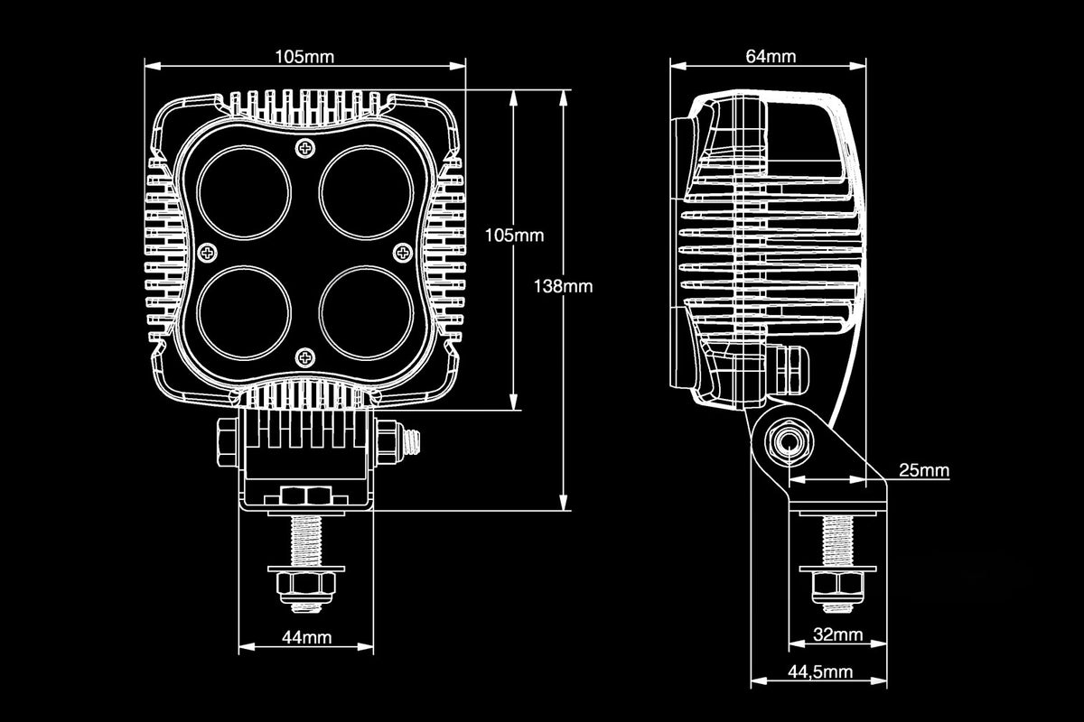 40W(4800Lm) LED CREE work light, CISPR25 class 3, IP68, cold white light 6000K, 105/138/64 mm