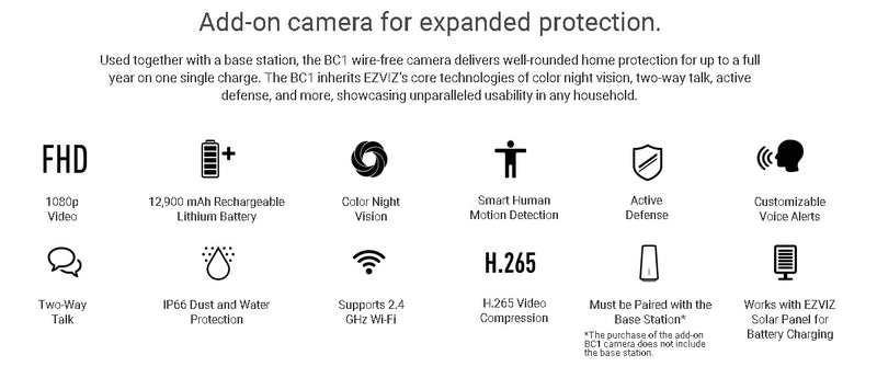 (Камера без базовой станции совместима с CS-BC1-B1) 2Мп камера видеонаблюдения с длительным временем автономной работы до 210 дней, цветное ночное видение. Встроенный микрофон и динамик для удаленной связи. Вставляемая карта памяти до 256 Гб, Ezviz