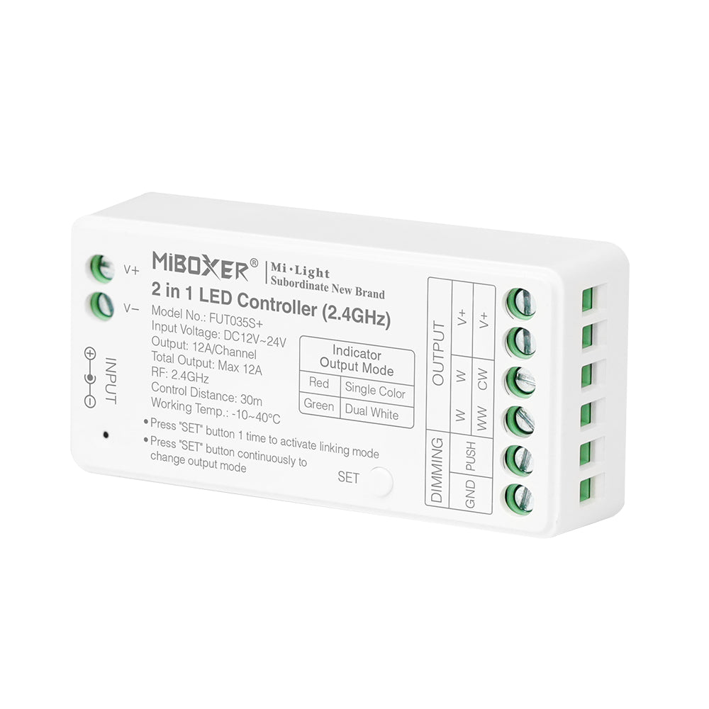 2in1 MINI Mi-Light kontroller Ühe/kahe värvi, kahe kanaliga dimmer, 2.4G/PUSH DIM, max 12A, 1 kanal max. 6A