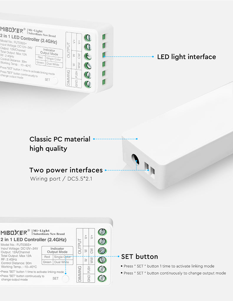 2in1 MINI Mi-Light kontrolieris Single/Dual color, divkanālu dimmeris, 2.4G/PUSH DIM, max 12A, 1 kanāls maks. 6A