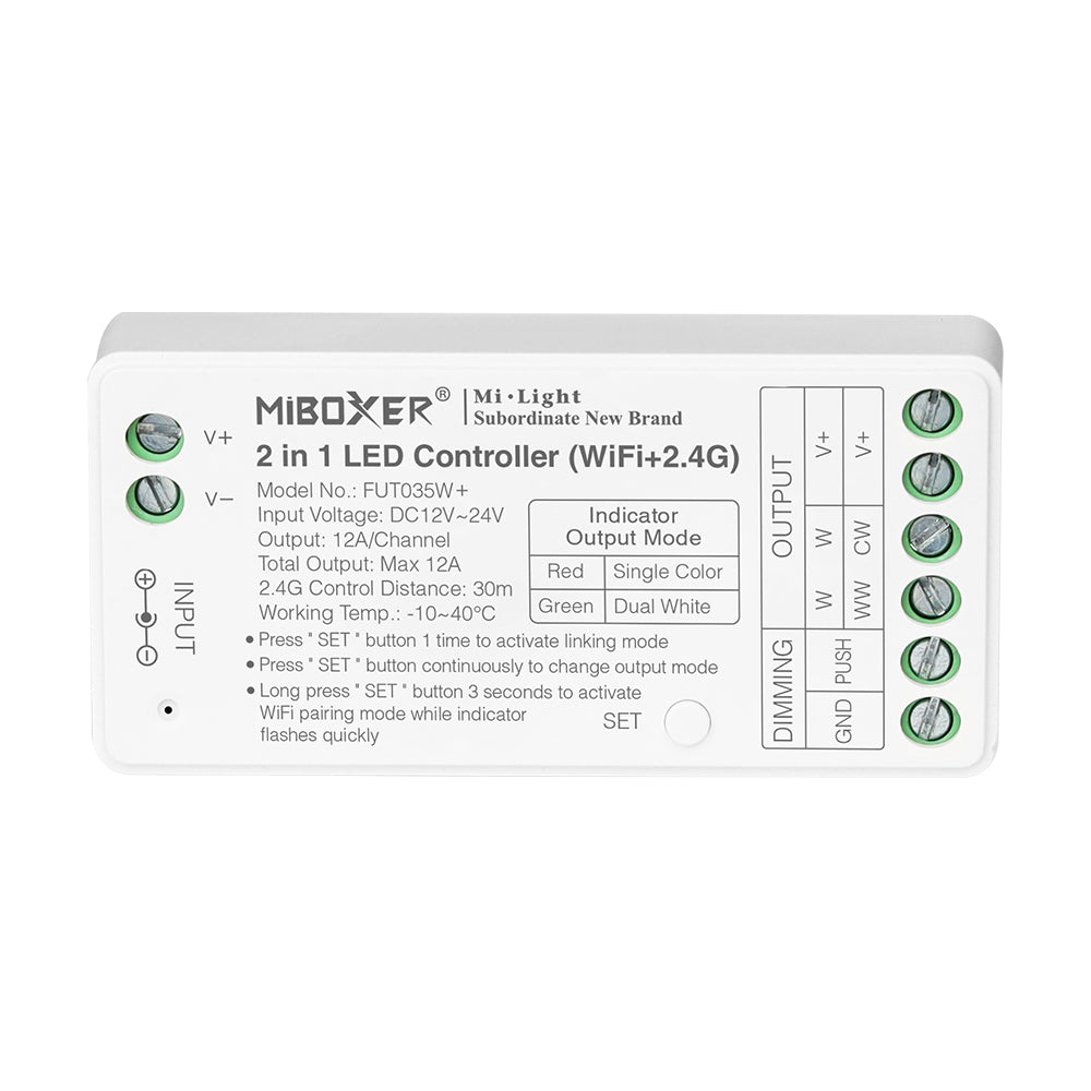 2in1 WI-FI MINI Mi-Light kontroller, ühe/kahe värvi CCT, kahe kanaliga dimmer, 2.4G/PUSH DIM, max 12A, 1 kanal max. 6A