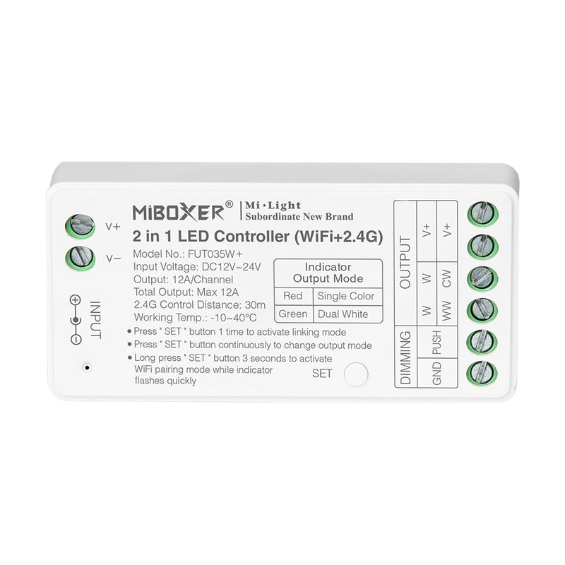 2in1 WI-FI MINI Mi-Light controller, Single/Dual color CCT, two-channel dimmer, 2.4G/PUSH DIM, max 12A, 1 channel max. 6A