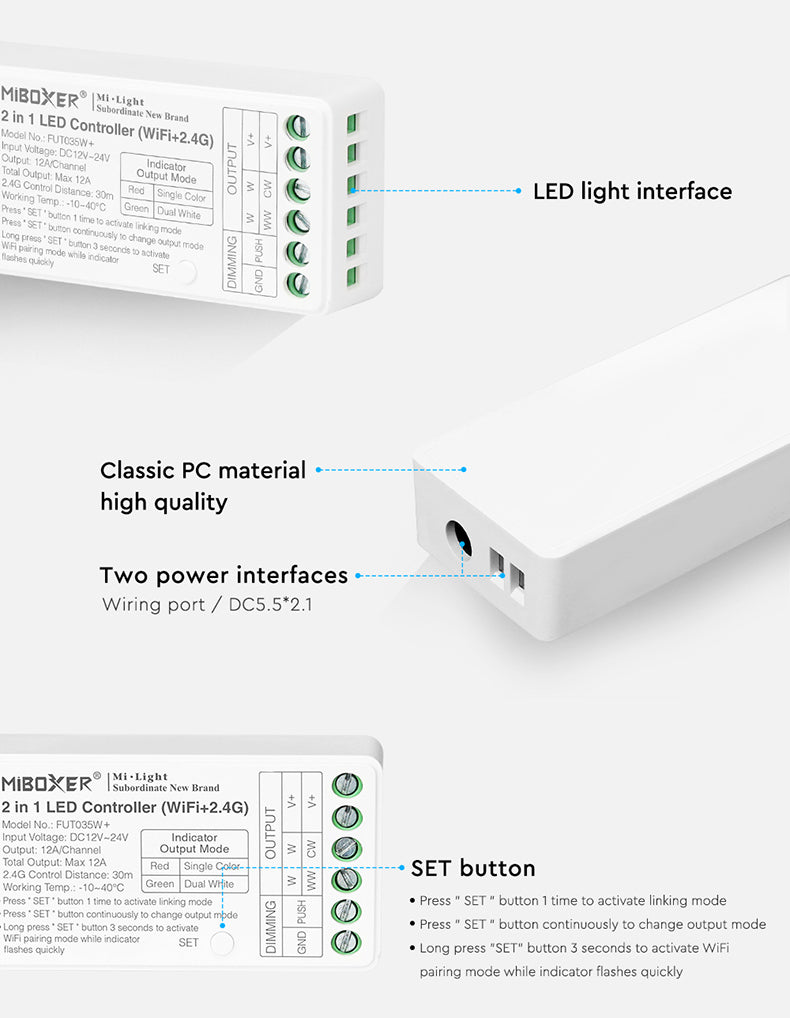 2in1 WI-FI MINI Mi-Light kontroller, ühe/kahe värvi CCT, kahe kanaliga dimmer, 2.4G/PUSH DIM, max 12A, 1 kanal max. 6A