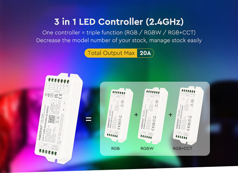 Mi-Light controller, 3in1 (RGB,RGBW,RGBCCT), 2.4GHz/PUSH DIM, dimmable, max 20A, 1 channel max. 10A