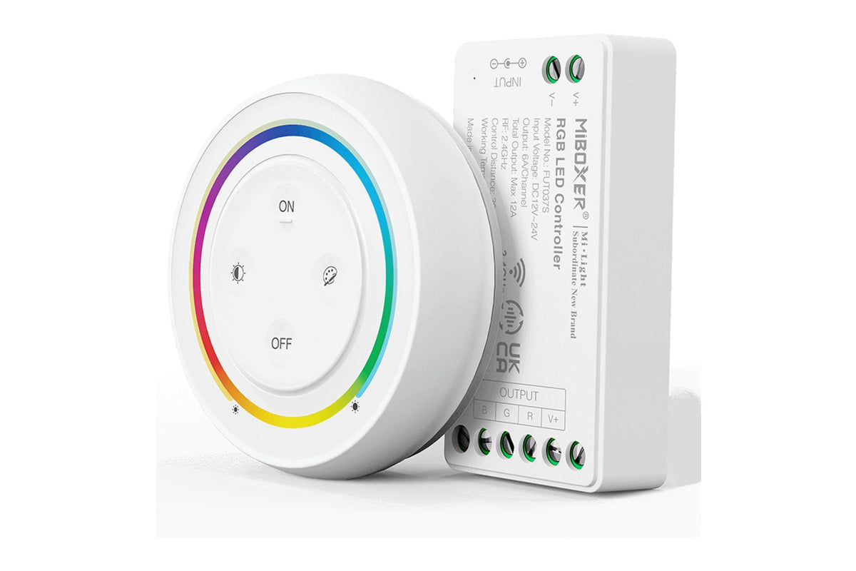 Комплект Mi-Light RGB (RGBW, RGB+CCT), 1-зонный приемник + белый круглый пульт дистанционного управления 2,4 ГГц, радиоуправление, макс. 12 А