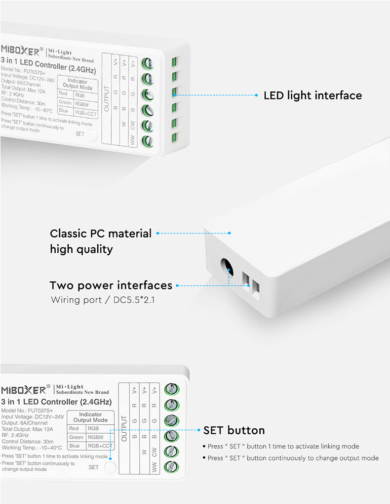 3in1 MINI Mi-Light kontroller, RGB/RGBW/RGBCCT 2.4G/PUSH DIM, dimmitav, max 12A, 1 kanal max. 6A