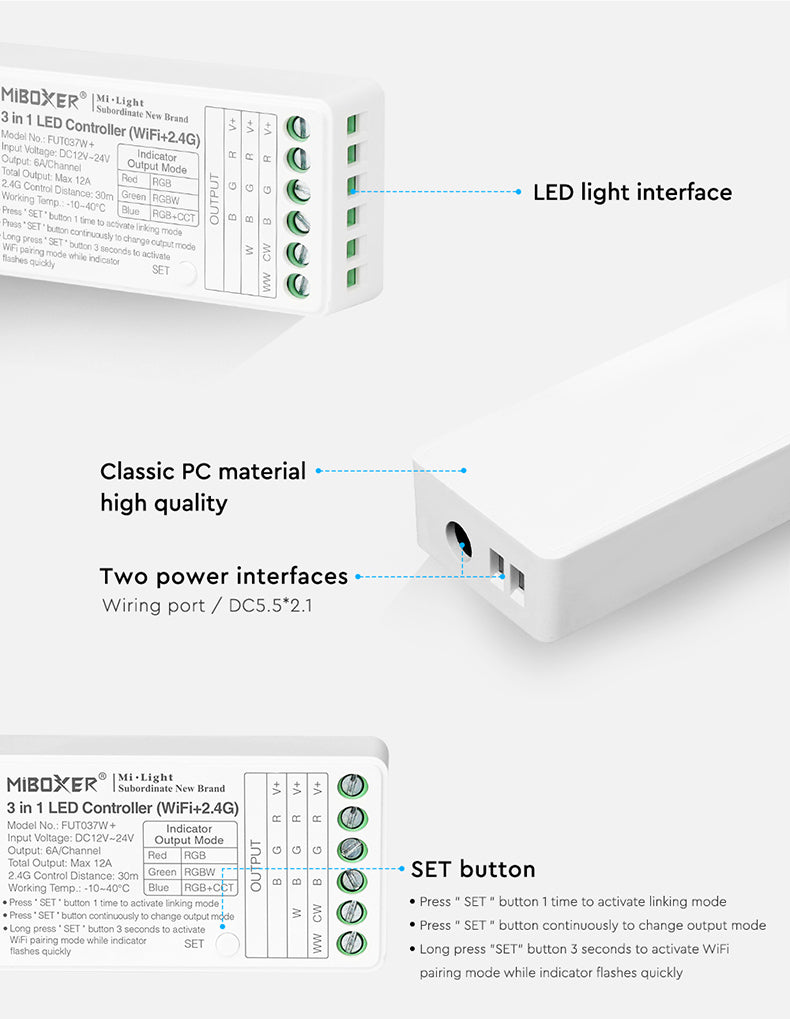 3in1 WI-FI MINI Mi-Light kontrolieris, RGB/RGBW/RGBCCT 2.4G/Wi-Fi/PUSH DIM, dimmējams, max 12A, 1 kanāls maks. 6A