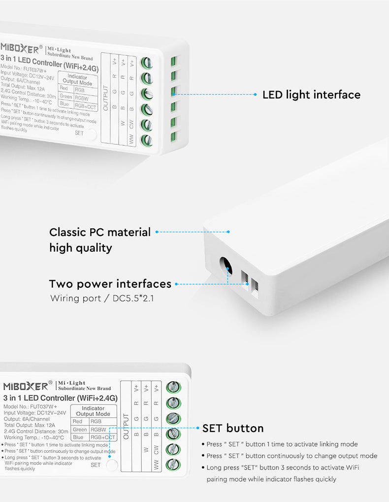 3in1 WI-FI MINI Mi-Light kontroller, RGB/RGBW/RGBCCT 2.4G/Wi-Fi/PUSH DIM, dimmerdatav, max 12A, 1 kanal max. 6A