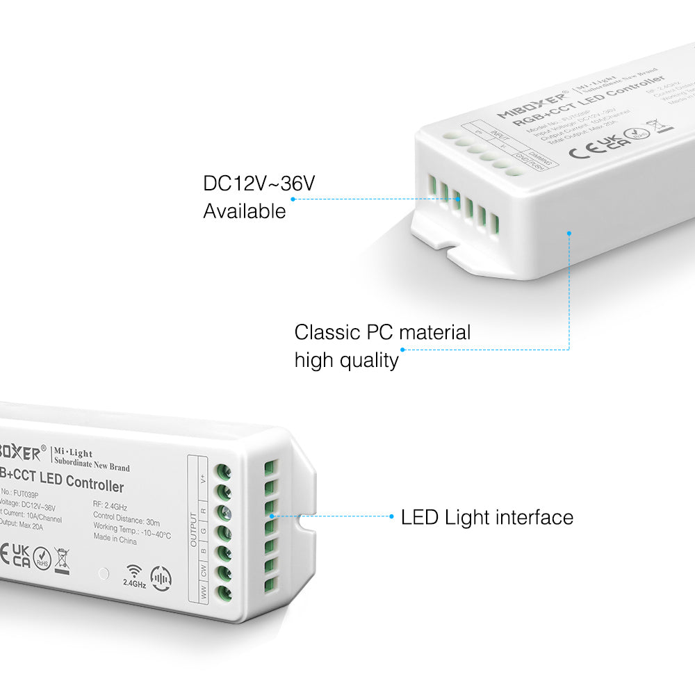 MINI Mi-Light controller, RGB+CCT 2,4GHz, radiostyrning, dimbar, max. 20A, 1 kanal max. 10A