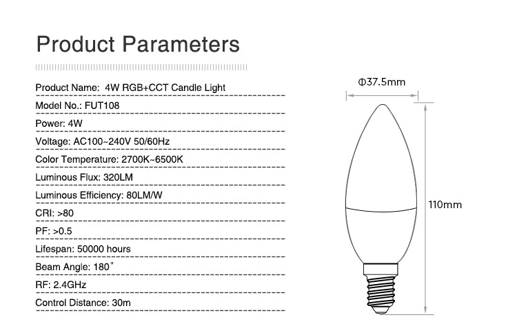 E14 4W (320Lm) LED Bulb RGB+CCT, 2.4GHz