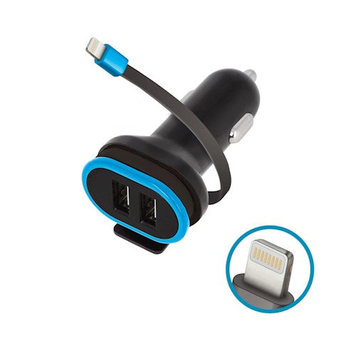 Automašīnas lādētājs 3A, 2 USB izejas ar iPhone Lightning vadu. Paredzēts 12/24V spriegumam (auto kontaktligzdai). Forever Mobile