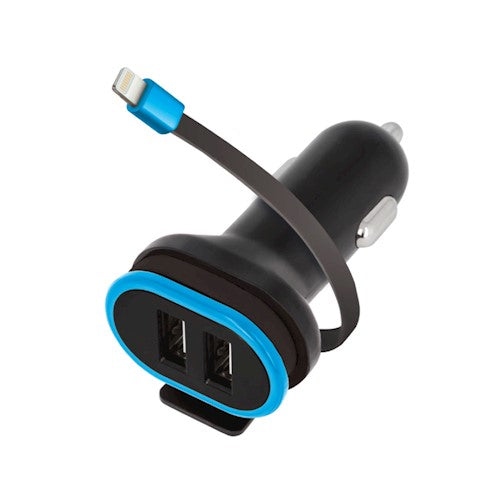 Автомобильное зарядное устройство 3A, 2 USB-выхода с кабелем iPhone Lightning. Предназначено для 12/24 В (автомобильная розетка). Forever Mobile