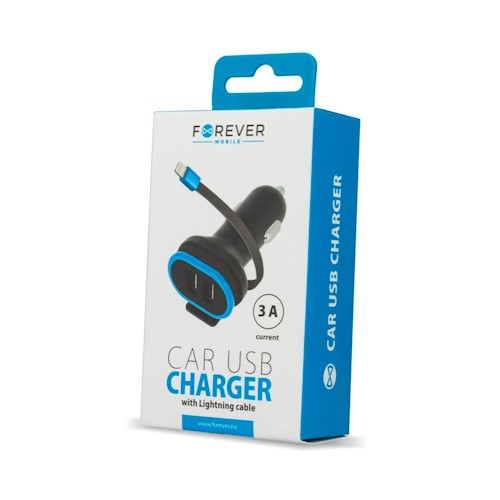 Car charger 3A, 2 USB outputs with iPhone Lightning cable. Designed for 12/24V voltage (car socket). Forever Mobile