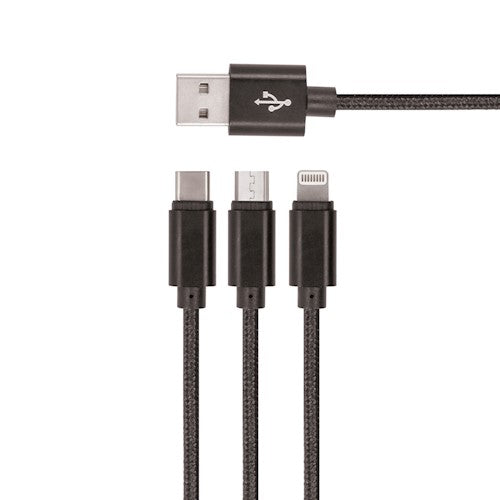 Setty 3in1 kaabel USB - Lightning + USB-C + microUSB 1.0 m 2A must nailon
