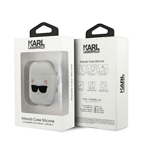 Karl Lagerfeldi kate AirPodidele KLACA2SILCHBK valge Silikoonist Choupette'ile
