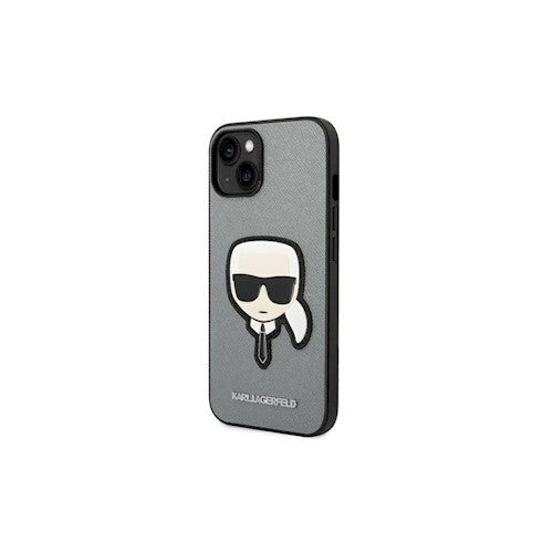 Karl Lagerfeld maciņš iPhone 14 Pro Max 6,7" KLHCP14XSAPKHG sudraba PU Saffiano maciņš ar Karl Head Patch