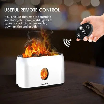 Air humidifier with flame effect and remote control. Volume 250ml operation up to 13 hours. You can add essential oils. White colour