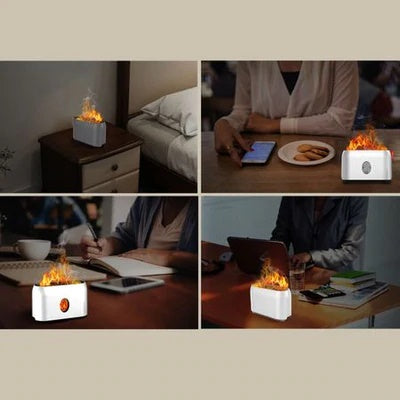 Gaisa mitrinātājs ar liesmas efektu un tālvadības pulti. Tilpums 250ml darbība līdz 13 stundām. Iespējams pievienot ēteriskās eļļas. Baltā krāsā