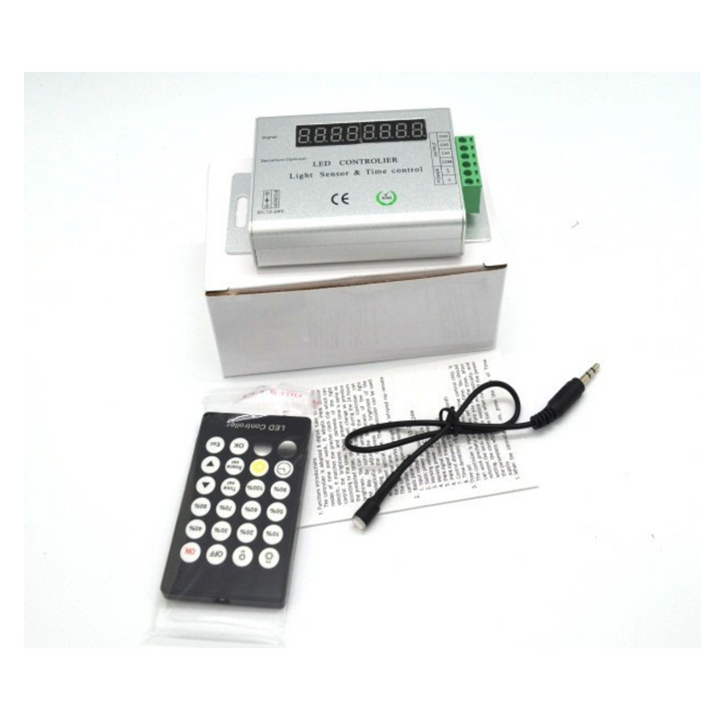 Programmeeritav LED ribakontroller 12-24V 144W 12A koos kaugjuhtimispuldiga 24 nuppu, IR-sagedus, valgusanduriga