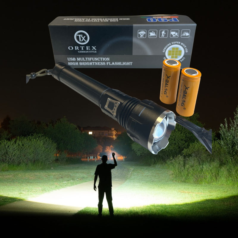 Powerful flashlight in a metal case, charging type MICRO USB, cable included and two lithium batteries 18650 3.7V, changeable light beam angle, battery charge indicator, zoom option, aluminum case, CREE XHP90 diode