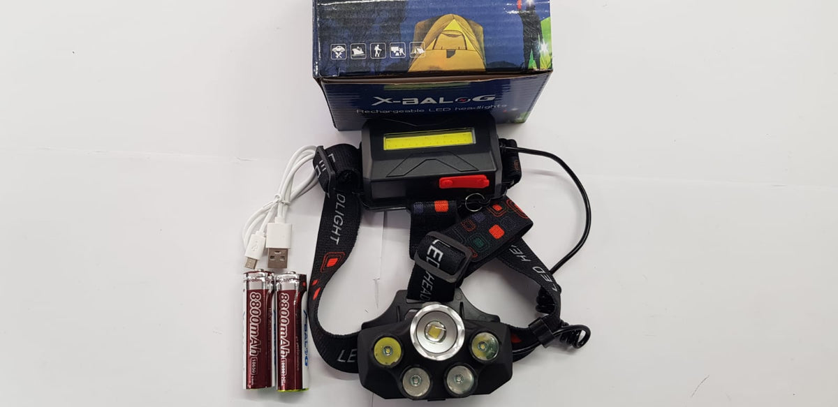 LED pealamp, USB laadimistüüp, kaks vahetatavat akut, aku tüüp 18650, viis sisseehitatud LED-i ees, millest üks saab muuta valgusnurka, laia nurgaga LED-id tagaosas