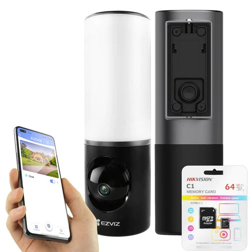 EZVIZ facade outdoor 2K+ resolution light-video camera LC3 with people detection and two-way audio, 32GB eMMC built-in memory