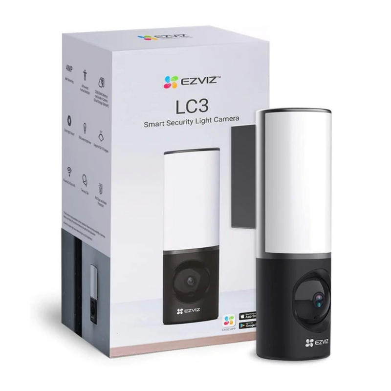 EZVIZ facade outdoor 2K+ resolution light-video camera LC3 with people detection and two-way audio, 32GB eMMC built-in memory