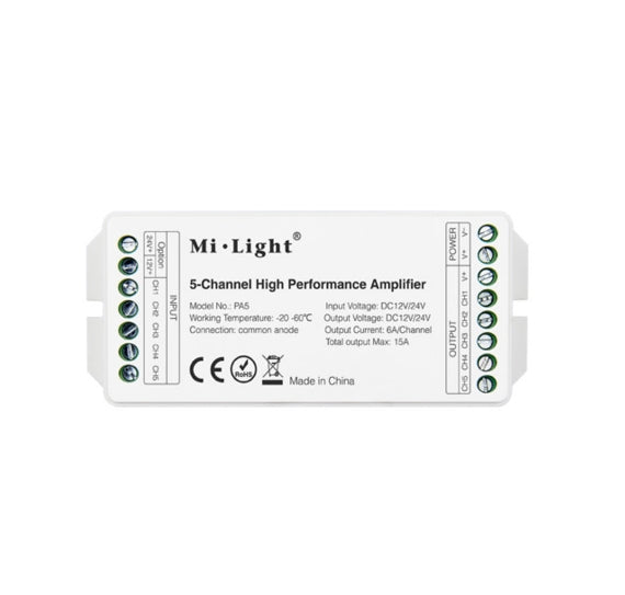 Mi-Light RGBCCT-förstärkare, plasthölje, RGB, RGBW, RGBCCT, CCT styrsignalsplitter; max 15A, 1 kanal max. 6A