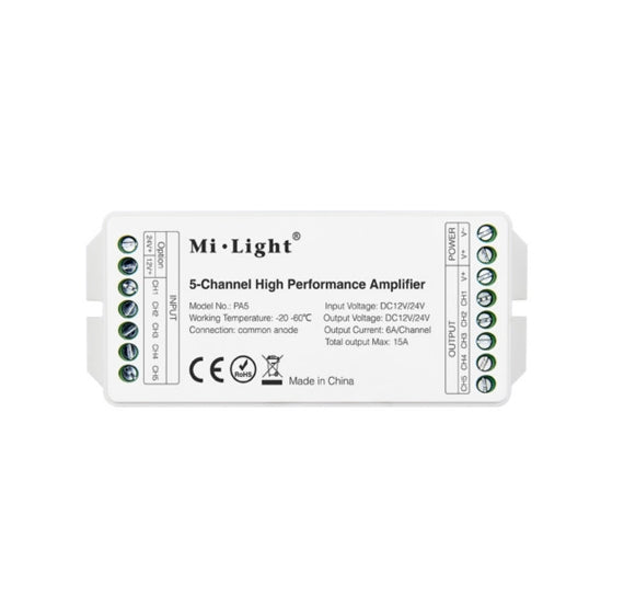 Mi-Light RGBCCT pastiprinātājs, plastmasas korpuss, RGB, RGBW, RGBCCT, CCT vadības signāla sadalītājs; maks 15A, 1 kanāls maks. 6A