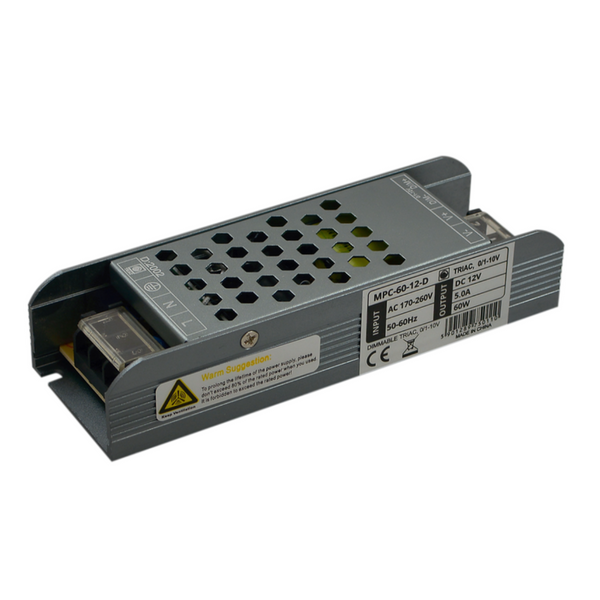 SLIM Dimmējams (TRIAC, 0/1-10V) LED Barošanas bloks 60W 5A 12V, ūdensnedrošs IP20, metāla