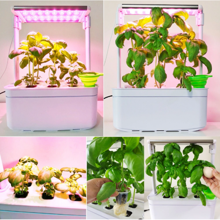 10W smart home garden for growing plants with LED lamp, white (6 pots), 30*13*46cm, light color red/white, water cont. 2.5 liters