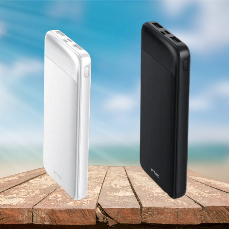 10000mAh (37Wh) fast charging 22.5W power bank. 2x USB-A outputs for charging various devices. In white or black.