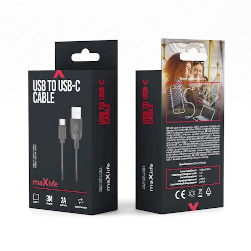 Maxlife kabelis USB - USB-C 3,0 m 2A melns