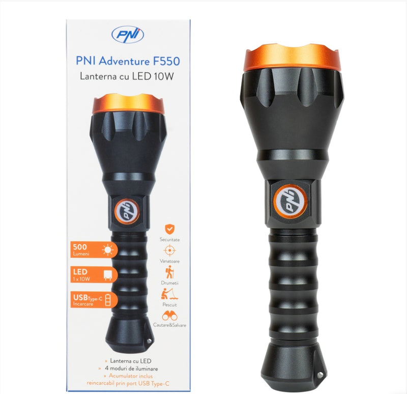 PNI Adventure F550 Crystal LED flashlight, 10 W, aluminum, 500 lm, up to 700 m, IPX6, 4000 mAh battery included, USB Type-C charging