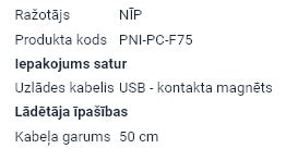 USB-kaabel PNI Adventure F75 taskulampide laadimiseks, magnetkontaktiga, pikkus 50 cm